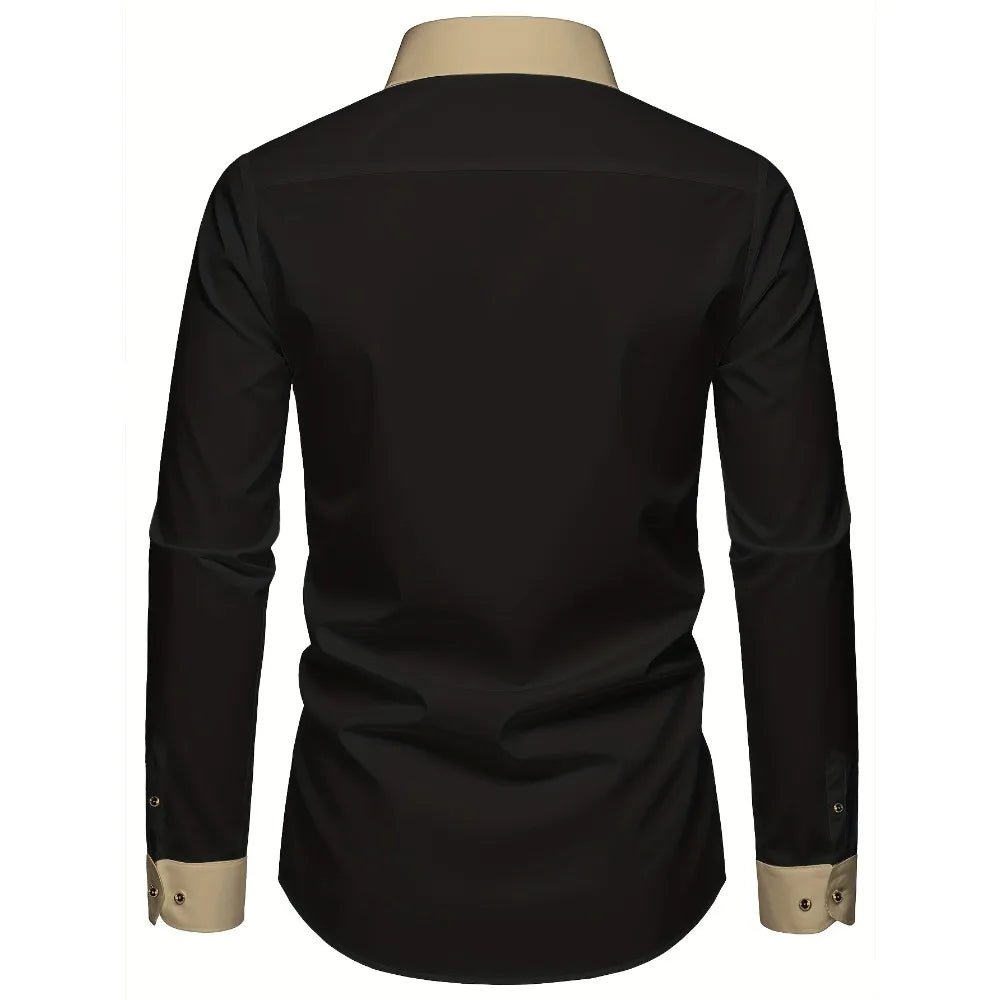 FGKKS Camisa Masculina Preta Brand New High Street Patchwork Manga Longa Inteligente Casual Elástico Homem Camisas de Vestido de Negócios