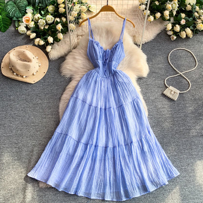 Vestido Elegante Roxo de Verão Feminino com Decote V, Sem Mangas, Cintura Marcada, Detalhes em Gaze, Estilo Casual Confortável para Feriados