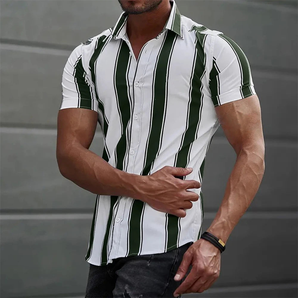 Camiseta listrada de manga curta com botão havaiano masculina, blusa xadrez, roupa de praia vermelha, camisa preta e branca, roupas masculinas, verão