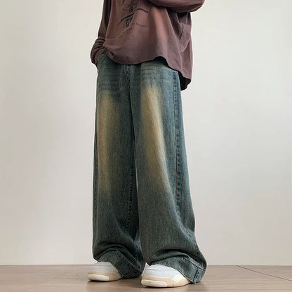 Retro lavado do velho jeans masculino outono americano solto calças retas casuais calças de perna larga high street