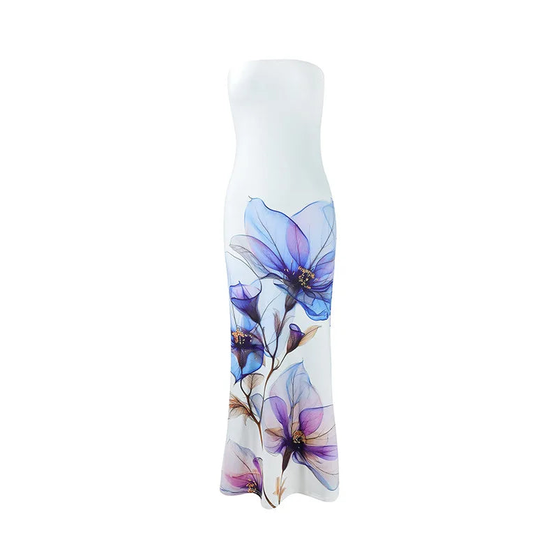 Vestido longo feminino elegante e justo, sem alças, com estampa, perfeito para férias na praia. Ideal para o verão