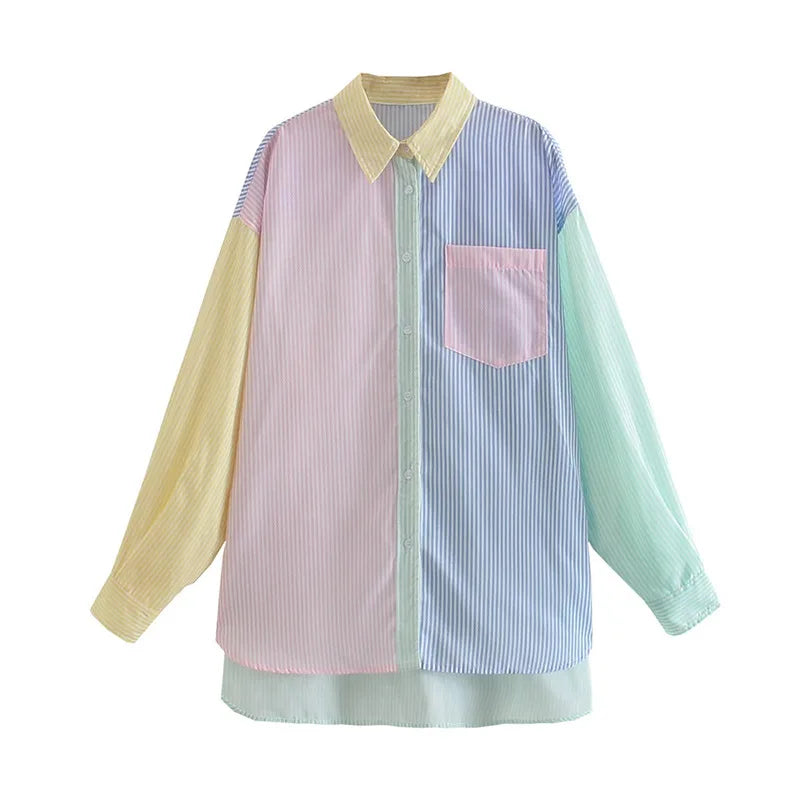 Camisas listradas soltas para mulheres, blusa casual chique, tops femininos, lapela, renda extragrande, nova moda