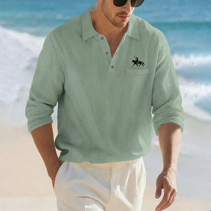 Camisa Masculina Casual de Linho e Algodão Leve com Lapela, Solta, Cor Sólida, Moda Primavera Outono, com Detalhe Decorativo na Gola