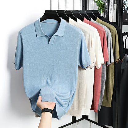 100% Lyocell malhas 2025 homens primavera verão na moda turn down collar malha camisetas manga curta respirável malha topos