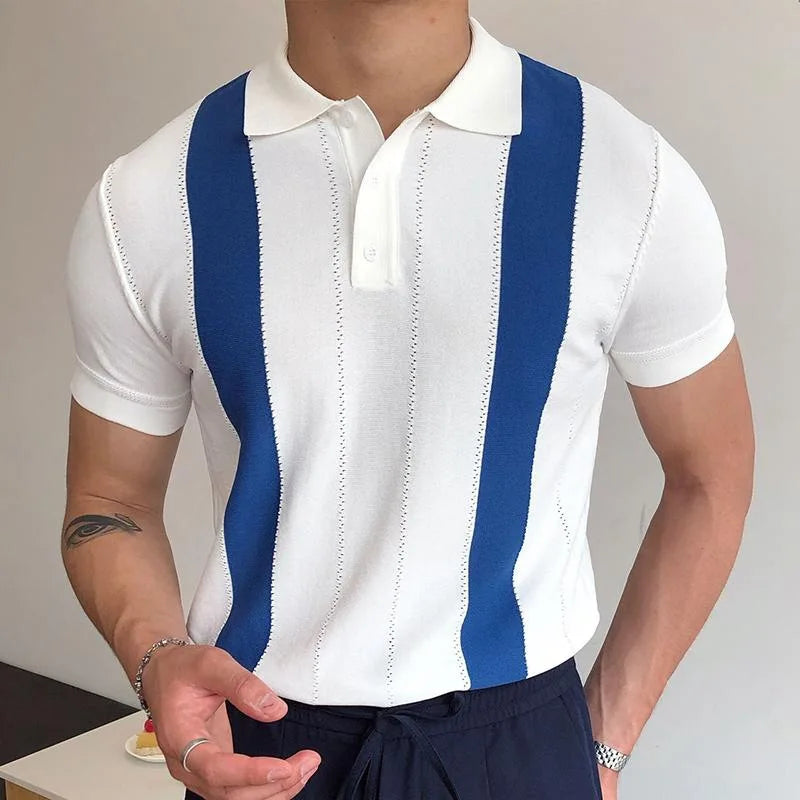 Camisa polo de manga curta de malha masculina, blusa casual de negócios, polo Slim Fit, primavera verão, camiseta listrada moda, camiseta com gola polo, malhas