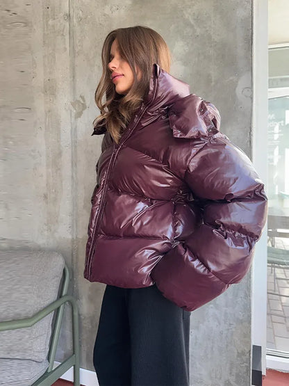 Moda com capuz recortado jaqueta acolchoada para mulheres casual sólido zíper bolso casaco de grandes dimensões senhora 2025 inverno rua quente outerwear