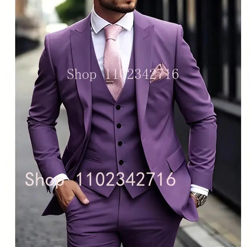 Pink Luxury Men Suits 2024 Terno Slim fit 3 Piece Jacket Pant With Vest Groom Wedding Tuxedo Costume Homme Formal Occasion Terno