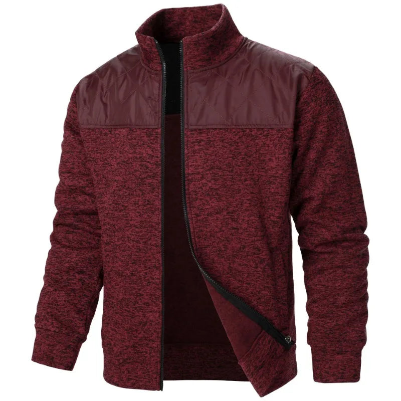 Jaqueta masculina patchwork com gola alta, corte slim, estilo cardigã, streetwear, esportiva, casual, com zíper, ideal para atividades ao ar livre.