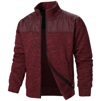 Jaqueta masculina patchwork com gola alta, corte slim, estilo cardigã, streetwear, esportiva, casual, com zíper, ideal para atividades ao ar livre.