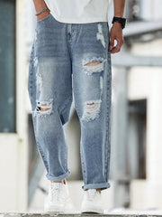 Calça Harém jeans rasgada azul masculina para primavera e outono. Moda de rua. Tendência Casual 。