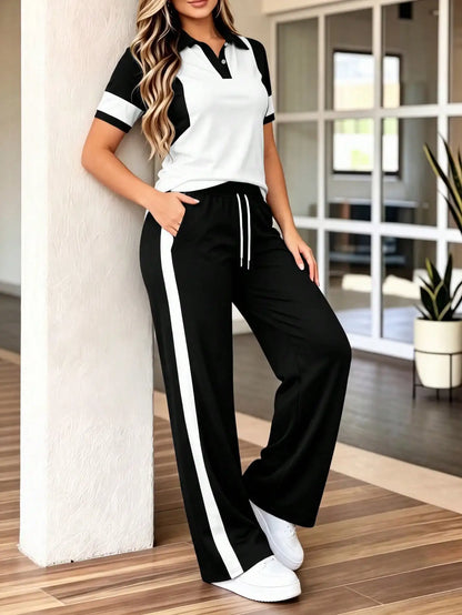 Conjunto de duas peças para mulheres, primavera e outono, composto por camiseta polo de manga curta com blocos de cor e calças compridas soltas com cintura elástica, para uso casual diário. Conjunto feminino de duas peça