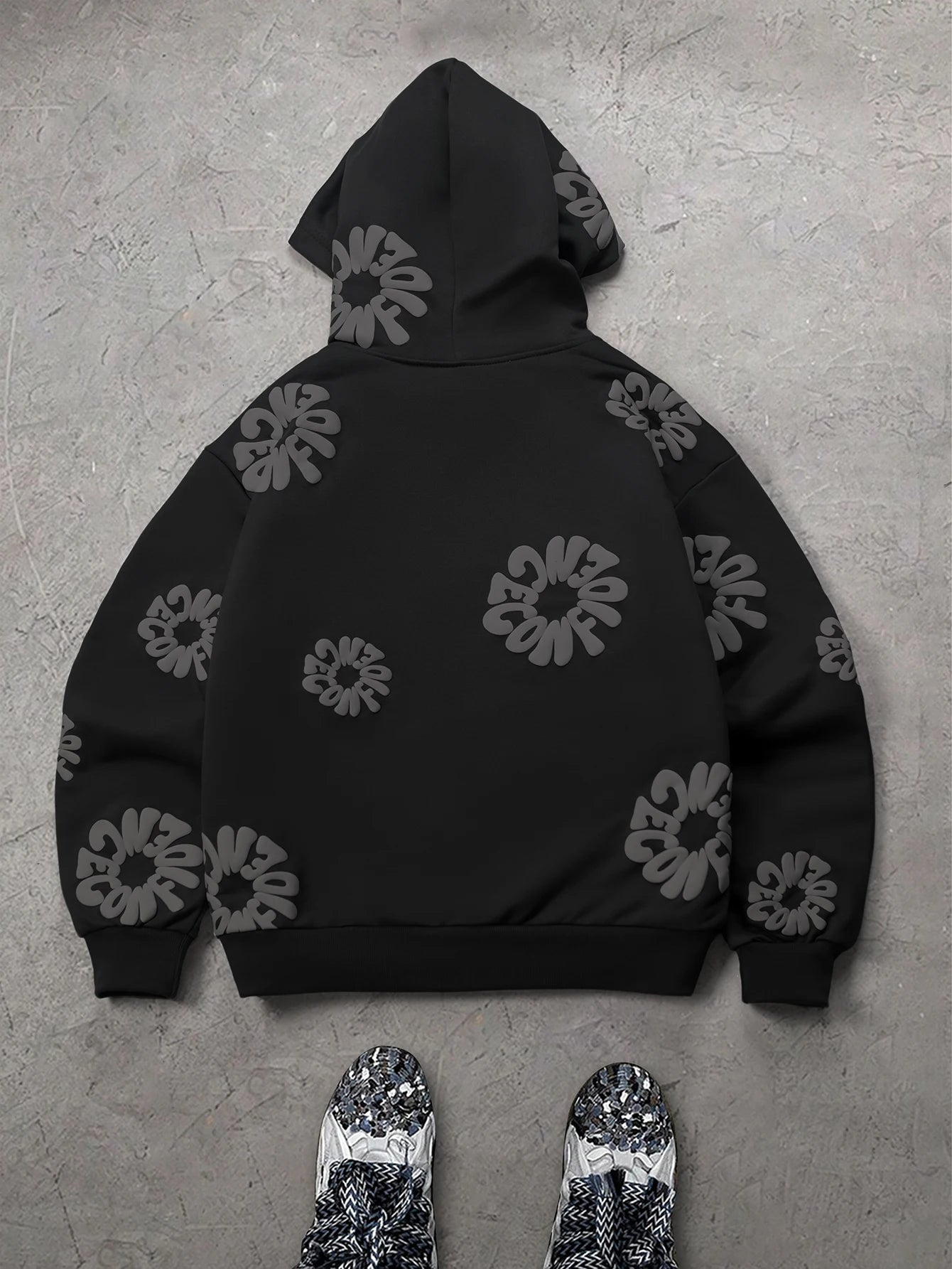 Moletom Masculino Streetwear com Estampa Floral 3D em Relevo e Letras, Poliéster Preto, Bolso Canguru, Tamanhos S-2XL, 1 Peça