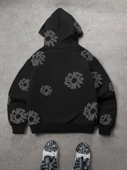 Moletom Masculino Streetwear com Estampa Floral 3D em Relevo e Letras, Poliéster Preto, Bolso Canguru, Tamanhos S-2XL, 1 Peça