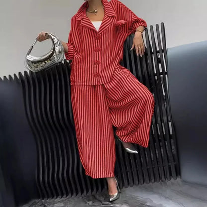 2025 Spring Fall Women's 2 Piece Set Suit Office Lady Floral Striped Loose Blazer Casual Wide Leg Pants Suits For Women Clothing