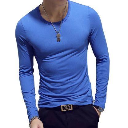 Camiseta masculina de manga comprida com estampa "Cultive a Moralidade" para a Primavera e o Outono, gola redonda, em poliéster liso, nas cores vermelho, azul e preto.