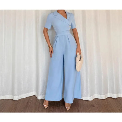 Macacão Feminino Azul Elegante 2026 Primavera Verão com Cinto na Cintura, Ajuste Fino, Estilo Casual, Manga Três Quartos, Calça Conjugada