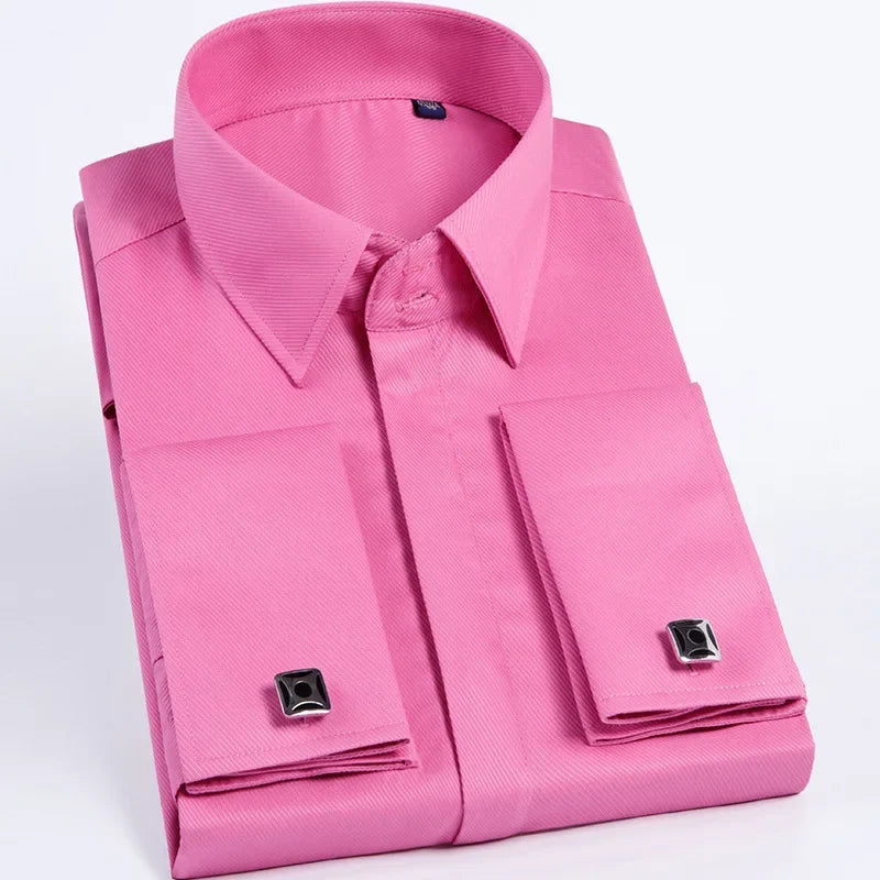 Qualidade masculina abotoaduras francesas camisa botão escondido camisa masculina manga longa casual fino ajuste manguito camisas de vestido (abotoaduras incluídas)