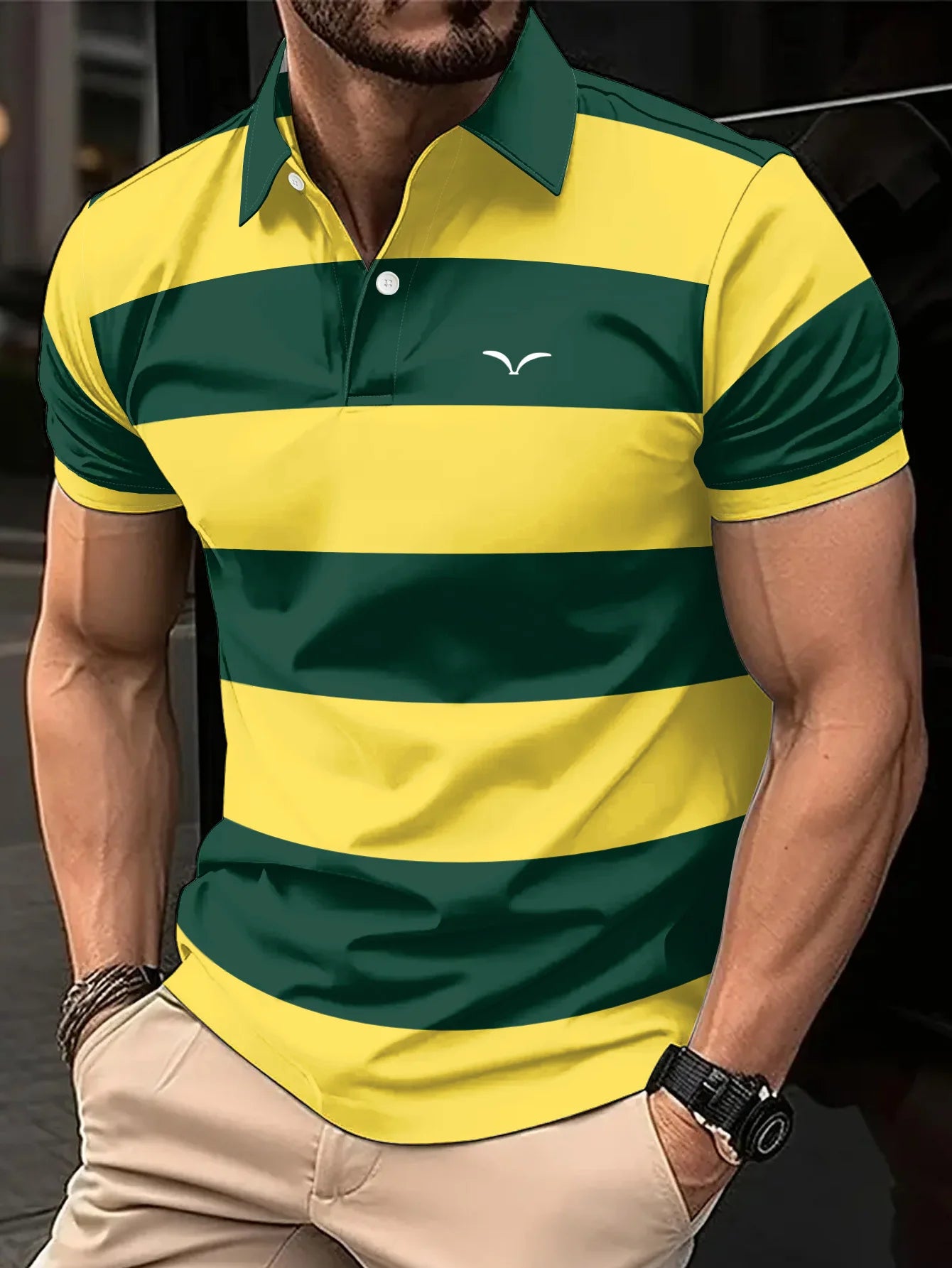 Men's Fashionable Summer Striped Casual Short Sleeved Shirt, Button Neck, Mixed Color Suitable for Golf or Casual Wear