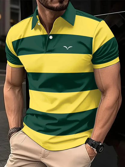 Men's Fashionable Summer Striped Casual Short Sleeved Shirt, Button Neck, Mixed Color Suitable for Golf or Casual Wear