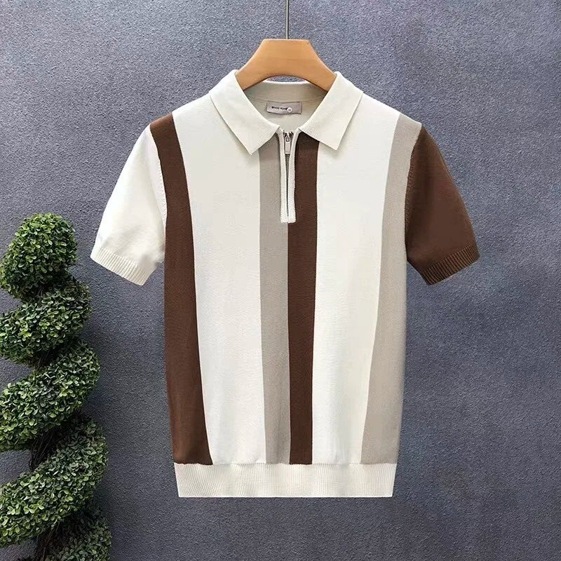 Meia zip estilo ocidental seda gelo fino suéter de manga curta para homens verão legal malha camiseta para homens camisa polo de alta qualidade