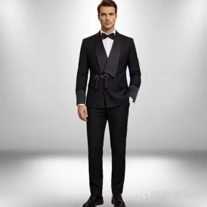 Terno Slim Fit Moderno Masculino com Gola Xale e Borlas, Conjunto de Casamento de Alta Qualidade para Noivos, Jaqueta e Calça de Duas Peças