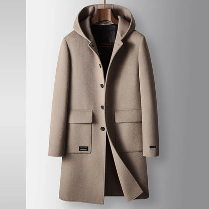 2024 inverno novo moletom com capuz masculino médio longo casaco de lã coelho pelúcia grosso quente casaco casual tecido high end 100% lã pura