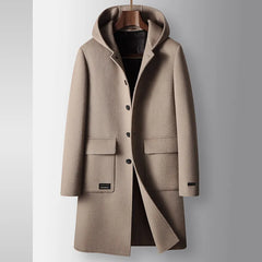 2024 inverno novo moletom com capuz masculino médio longo casaco de lã coelho pelúcia grosso quente casaco casual tecido high end 100% lã pura