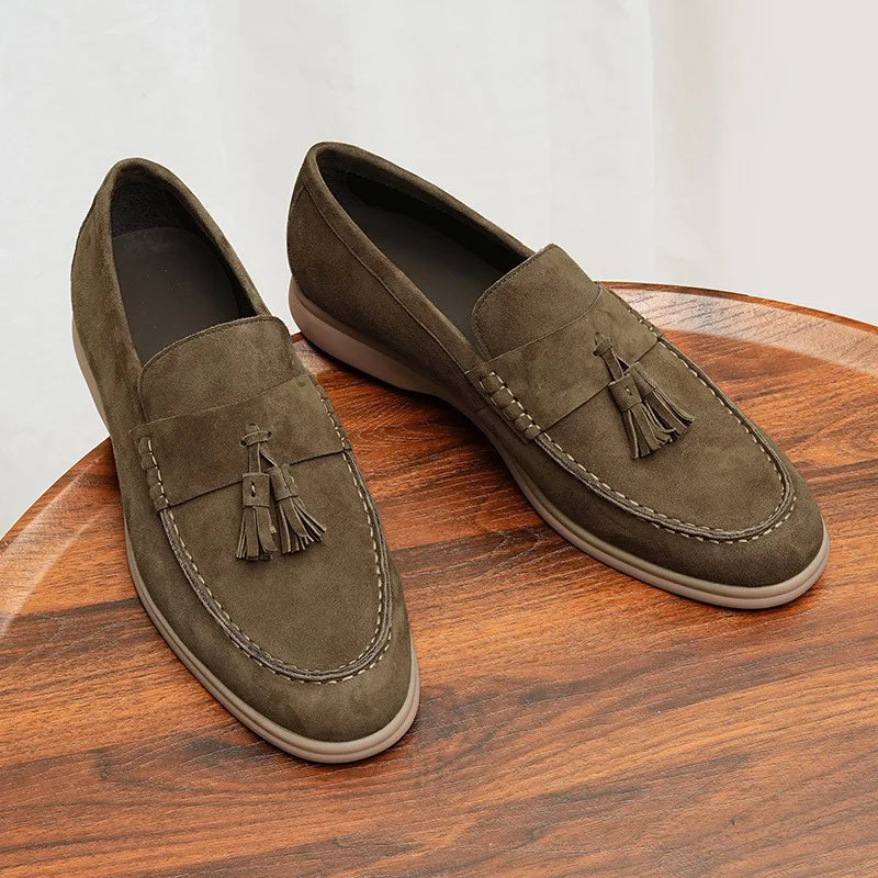 Mocassins Masculinos com Detalhe de Franjas em Couro Legítimo, Sapatos Formais de Negócios com Bico Redondo e Sola Baixa de Borracha, Respirável para o Verão