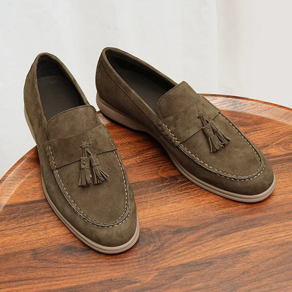 Mocassins Masculinos com Detalhe de Franjas em Couro Legítimo, Sapatos Formais de Negócios com Bico Redondo e Sola Baixa de Borracha, Respirável para o Verão