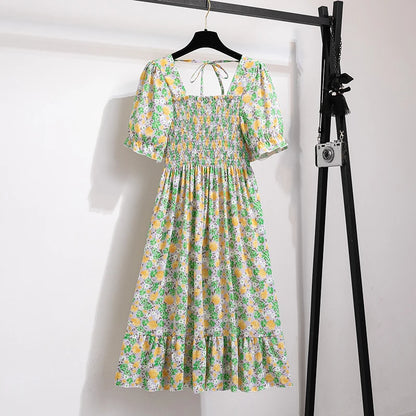 Verão plissado mulheres vestidos de chiffon casual praia férias manga curta gola quadrada mulher midi vestido boêmio mujer vestidos