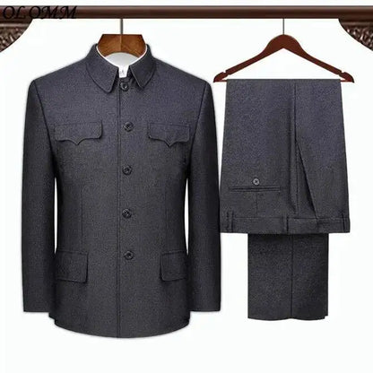 Túnica chinesa terno primavera outono idosos mais recentes casaco calça projetos de duas peças dos homens formal wear pai roupas azul dupla camada