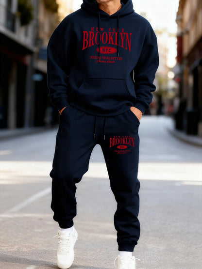 Brooklun New York Letter Print Man'S Hoodie Set Loose Pocket Two Pices Sets Fleece Autumn Hoodies Casual Fashion Sweatpants
