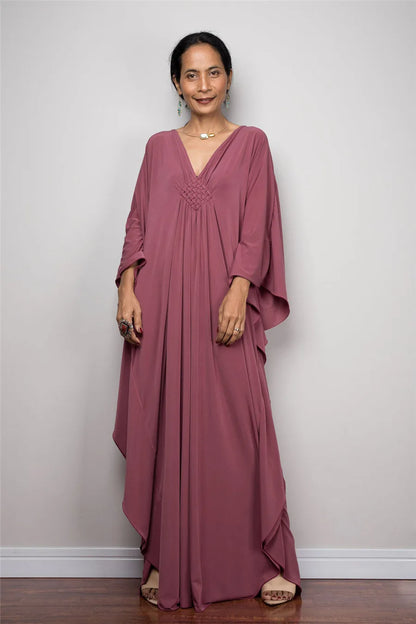 Vestidos Kaftan de Praia Plus Size para Mulheres, com Decote em V e Manga Morcego, em Cores Sólidas, Roupas de Lazer