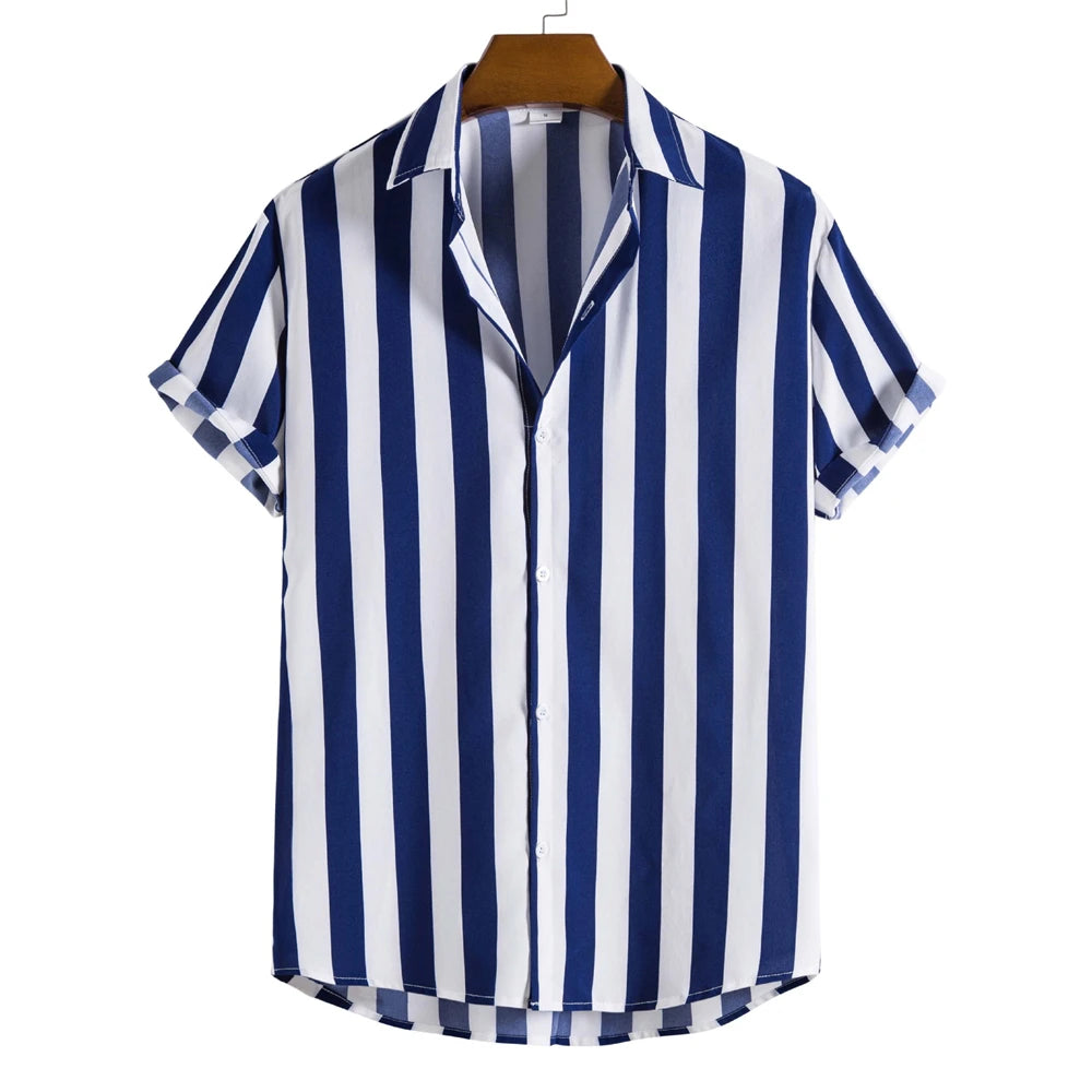 Camiseta listrada de manga curta com botão havaiano masculina, blusa xadrez, roupa de praia vermelha, camisa preta e branca, roupas masculinas, verão