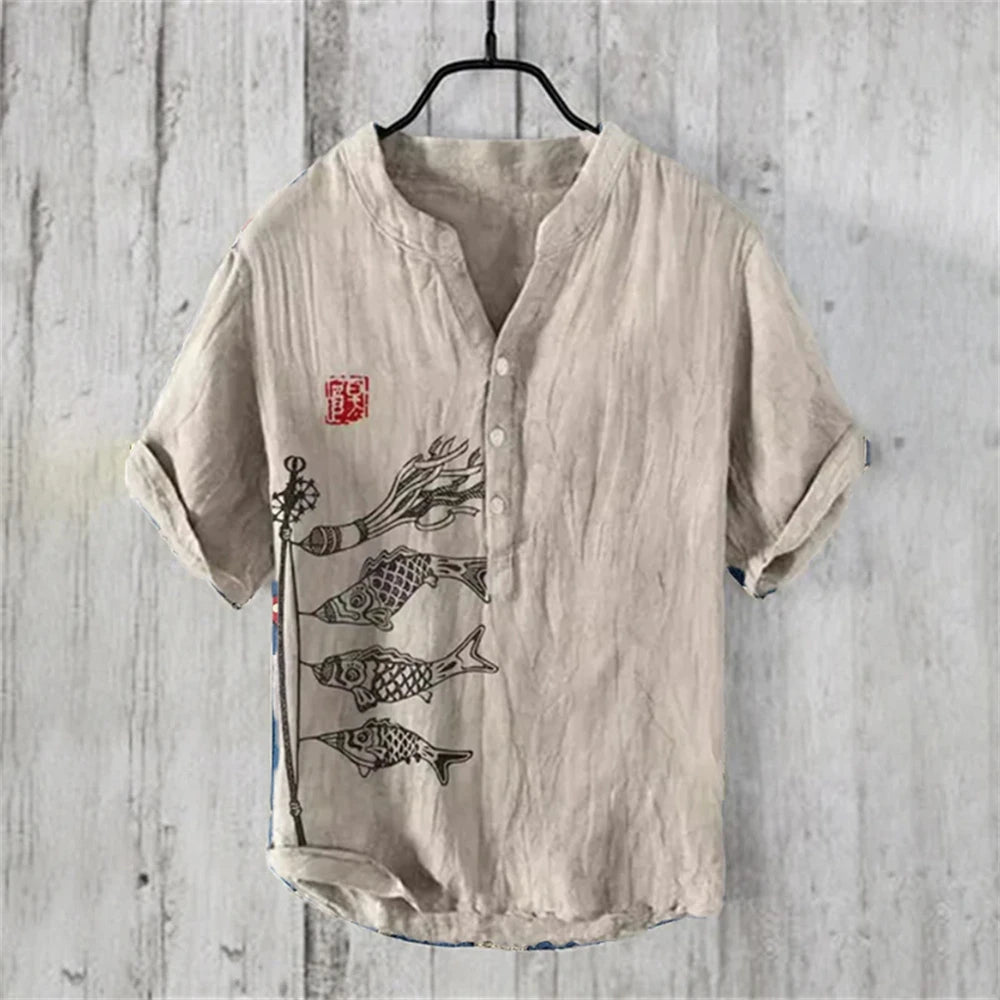 Camisa Polo Masculina de Manga Curta com Estampa de Carpa Japonesa Retro Ukiyo-E, Confortável e de Alta Qualidade