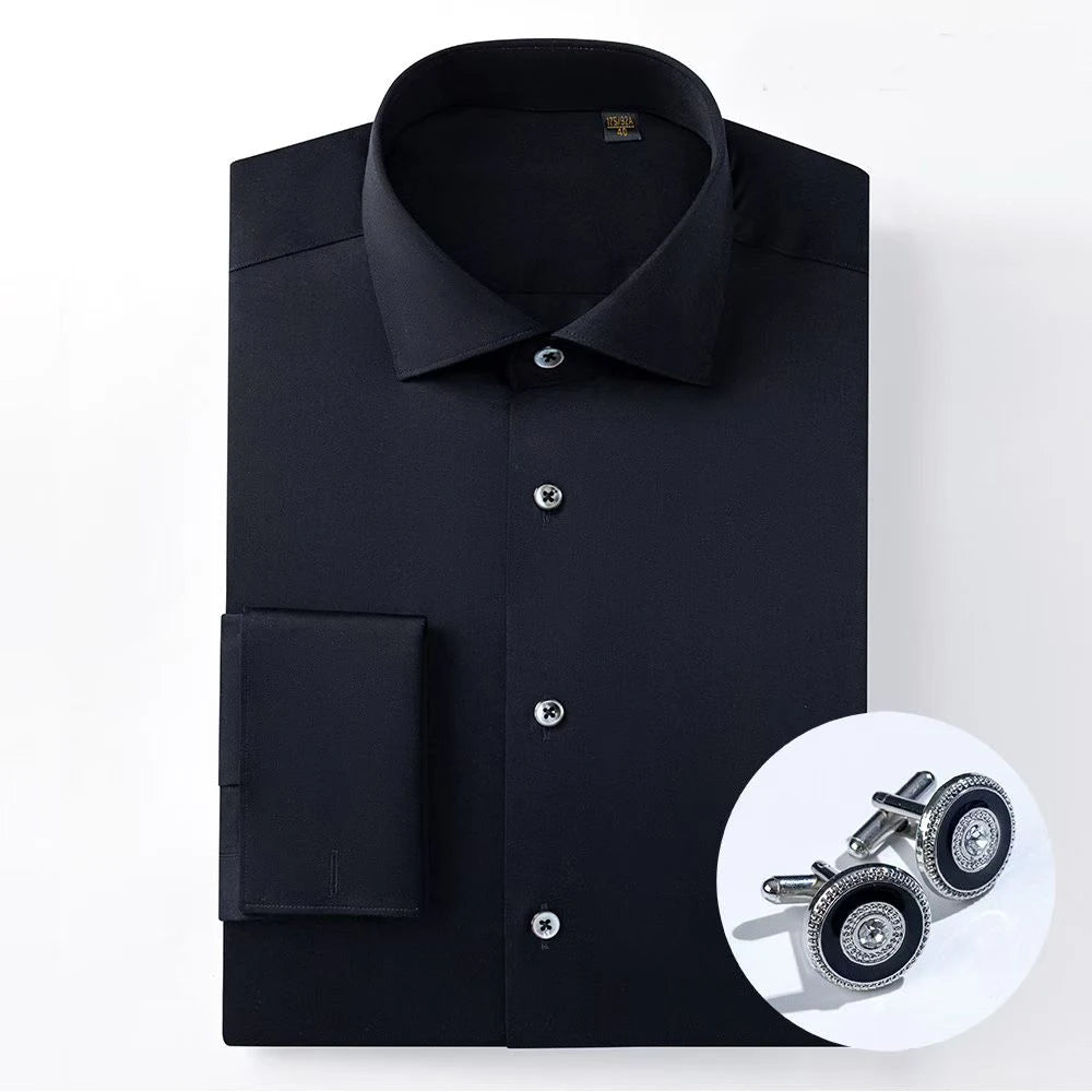 Nova Camisa Masculina de Algodão Puro 200S DP de Alta Qualidade, Não Amassa, Quatro Camadas, com Punho Francês, Gola Windsor e Gola Listrada Contrastante
