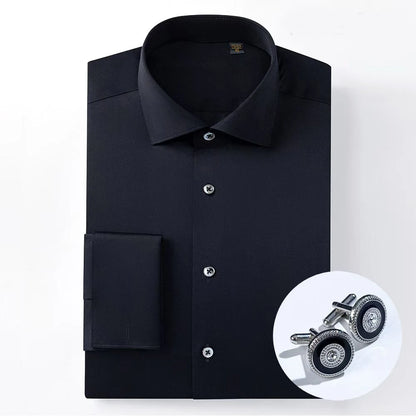 Nova Camisa Masculina de Algodão Puro 200S DP de Alta Qualidade, Não Amassa, Quatro Camadas, com Punho Francês, Gola Windsor e Gola Listrada Contrastante