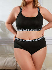 Conjunto de lingerie esportiva feminina plus size com sutiã sexy com detalhes de letras e costas cruzadas, conjunto de duas peças, roupa íntima confortável.