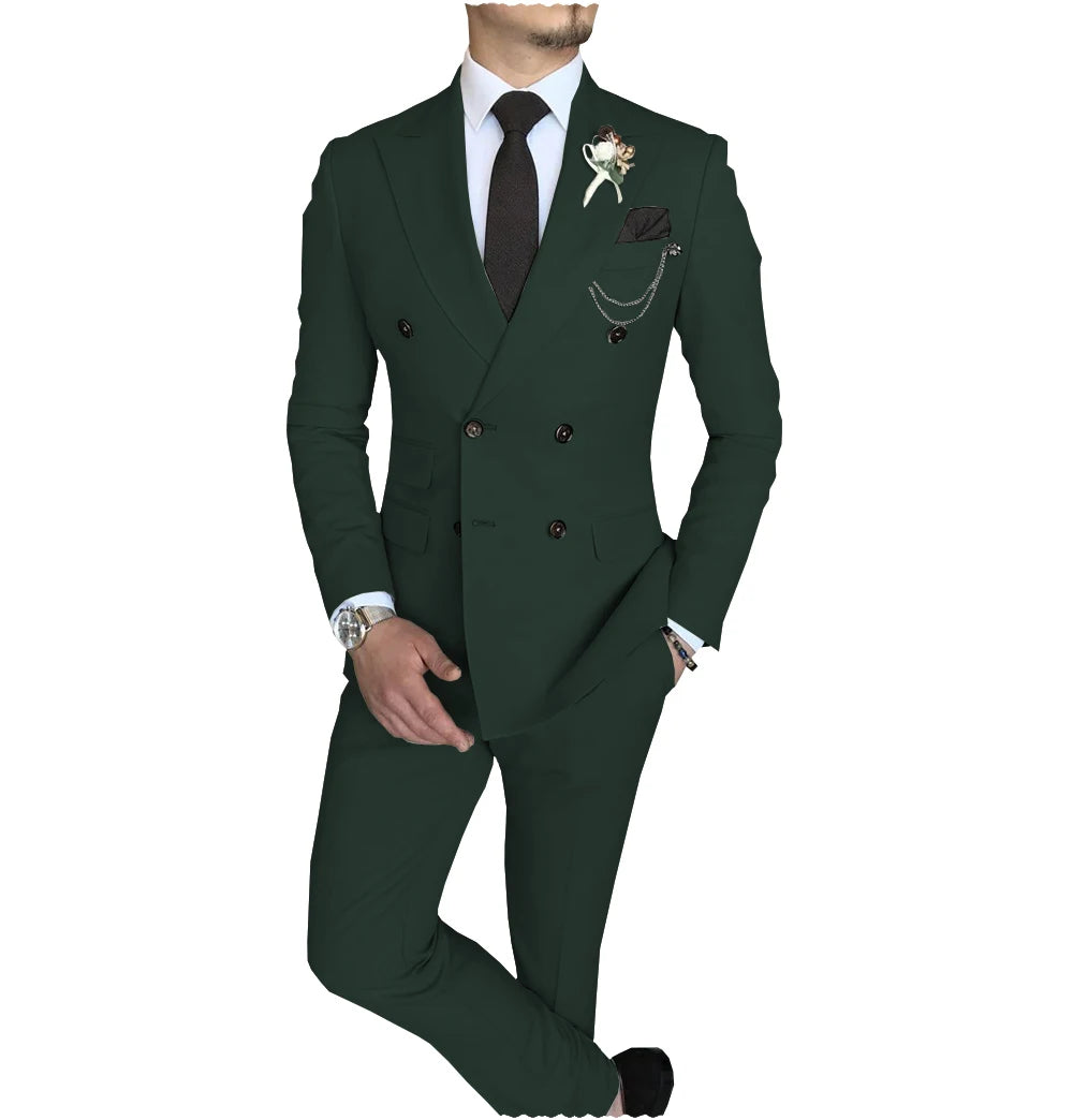 Terno slim fit trespassado masculino, jaqueta Peak Lapel, casual de negócios, blazer e calça de casamento, 2 peças