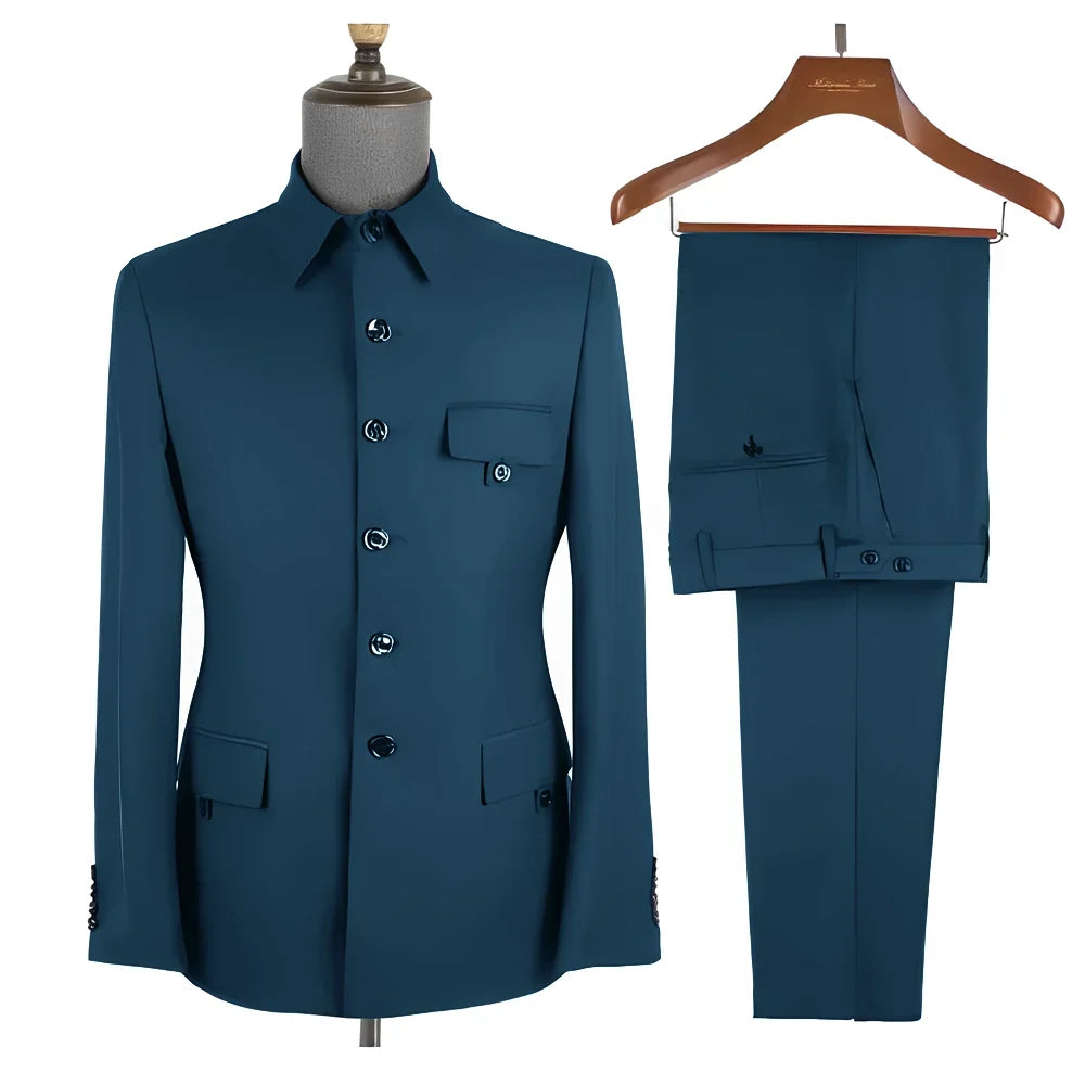Terno masculino formal azul real, conjunto de 2 peças, gola, blazer, calças, slim fit, casamento, noivo, smoking, vestido de festa