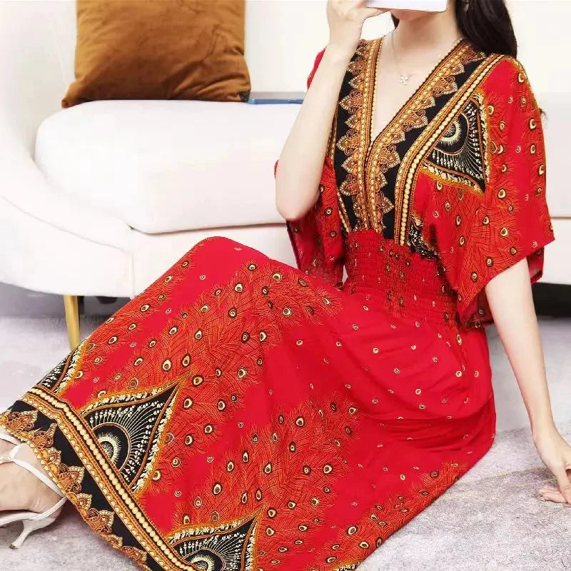 Flor colorida com decote em v elástico jovem boêmio doce midi vestido mulher roupas chique moda vestidos de verão 2025 grande balanço esqui