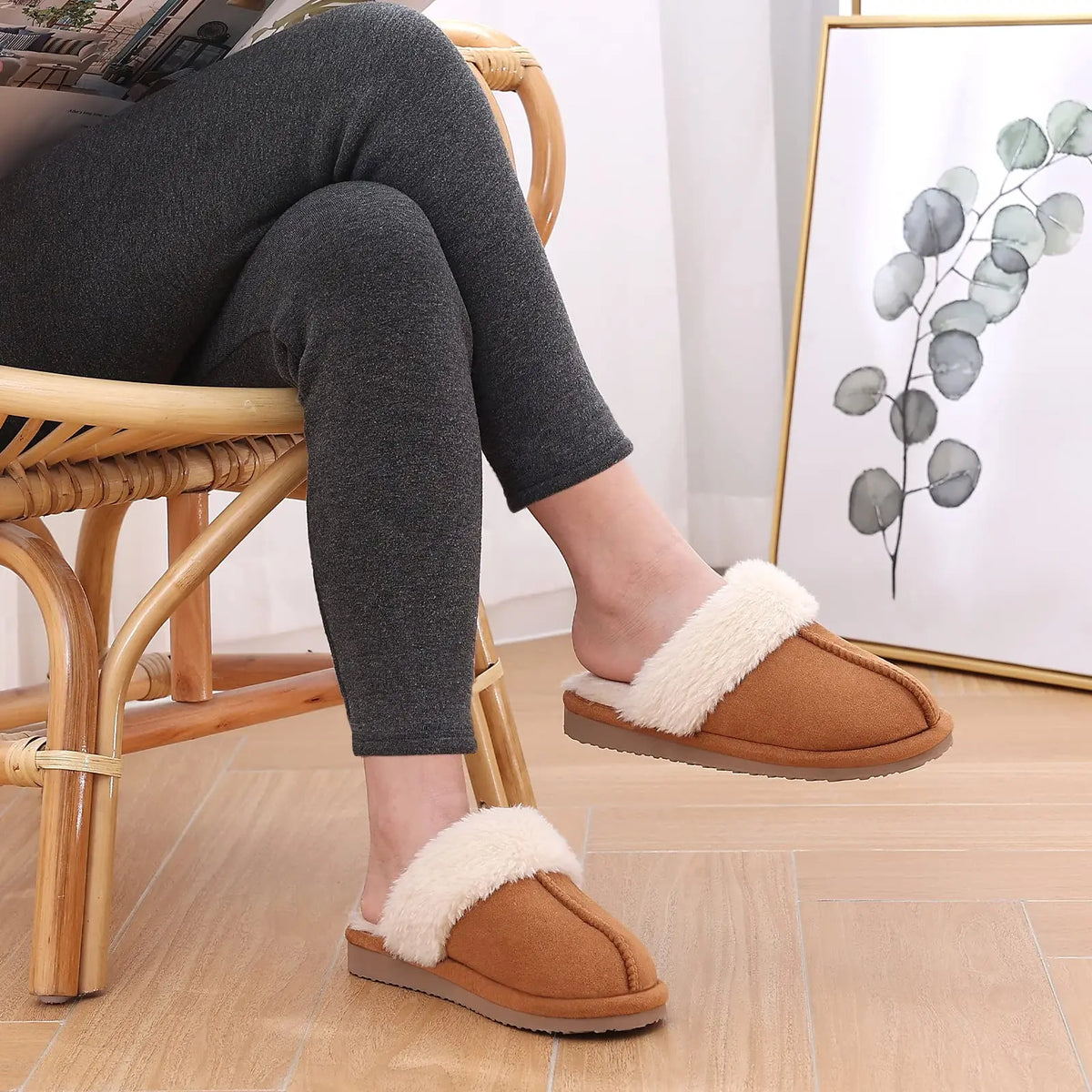 Chinelos de algodão evshine-luxuoso para mulheres, chinelo interior macio, espuma de memória confortável, sapato plano de pele ao ar livre, inverno