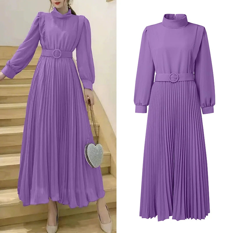 Women's Elegant Chic Maxi Dresses Turtleneck Lantern Sleeves Belted High Waist Pleated Long Dress ZANZEA Korean Style Robe Femme