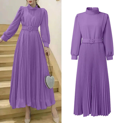 Women's Elegant Chic Maxi Dresses Turtleneck Lantern Sleeves Belted High Waist Pleated Long Dress ZANZEA Korean Style Robe Femme