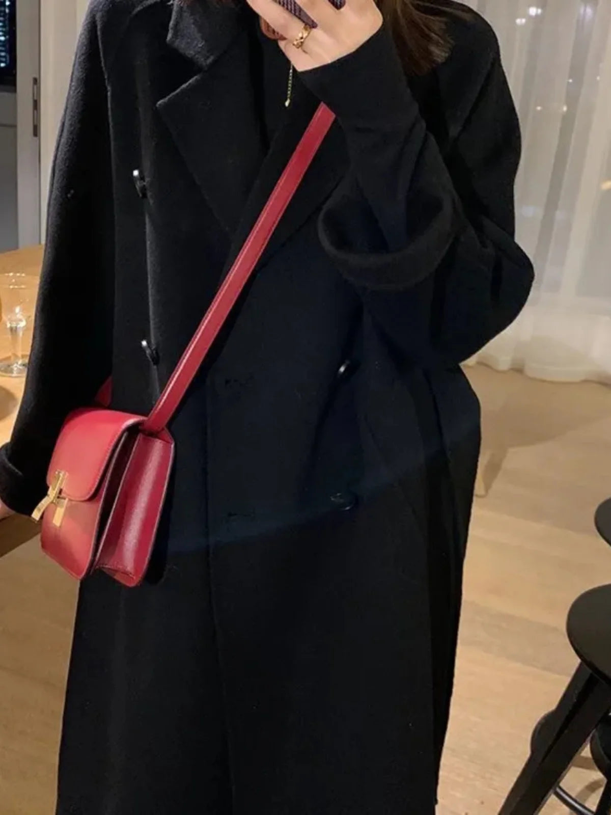 Casaco clássico de lã com abotoamento duplo, comprimento médio, feminino, estilo coreano, corte reto, longo, para outono/inverno