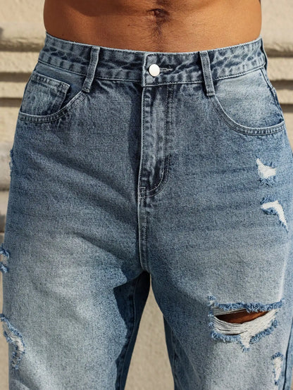 Jeans rasgados azuis masculinos, calças de mendigo retrô desgastadas, calças harém soltas de tendência de rua
