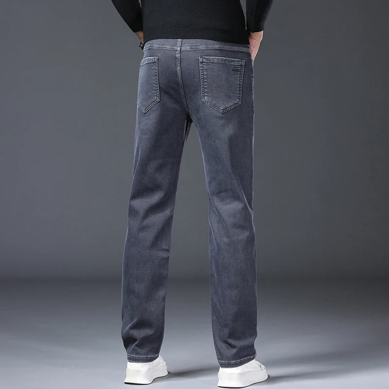 Calças Jeans Cinzas Masculinas Moda Primavera Outono Casual Elásticas Clássicas Retas para Trabalho Vintage em Denim Lavado