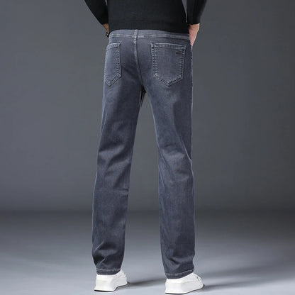 Calças Jeans Cinzas Masculinas Moda Primavera Outono Casual Elásticas Clássicas Retas para Trabalho Vintage em Denim Lavado