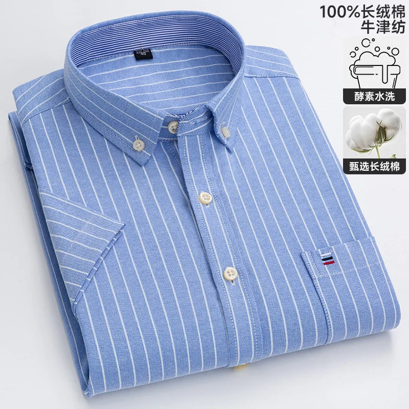 100% algodão puro oxford camisas masculinas manga curta xadrez macio regular ajuste formal vestido camisa blusa social roupas masculinas 6xl 7xl