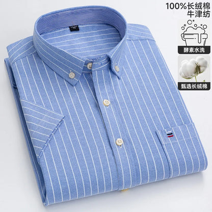 100% algodão puro oxford camisas masculinas manga curta xadrez macio regular ajuste formal vestido camisa blusa social roupas masculinas 6xl 7xl